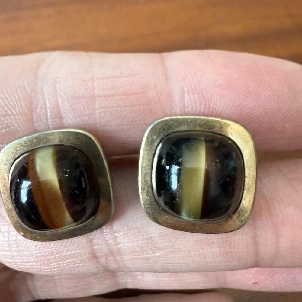 Vintage Correct Quality Cat's Eye Glass Gold Tone‎ Cuff Links Brown Fiber Optic